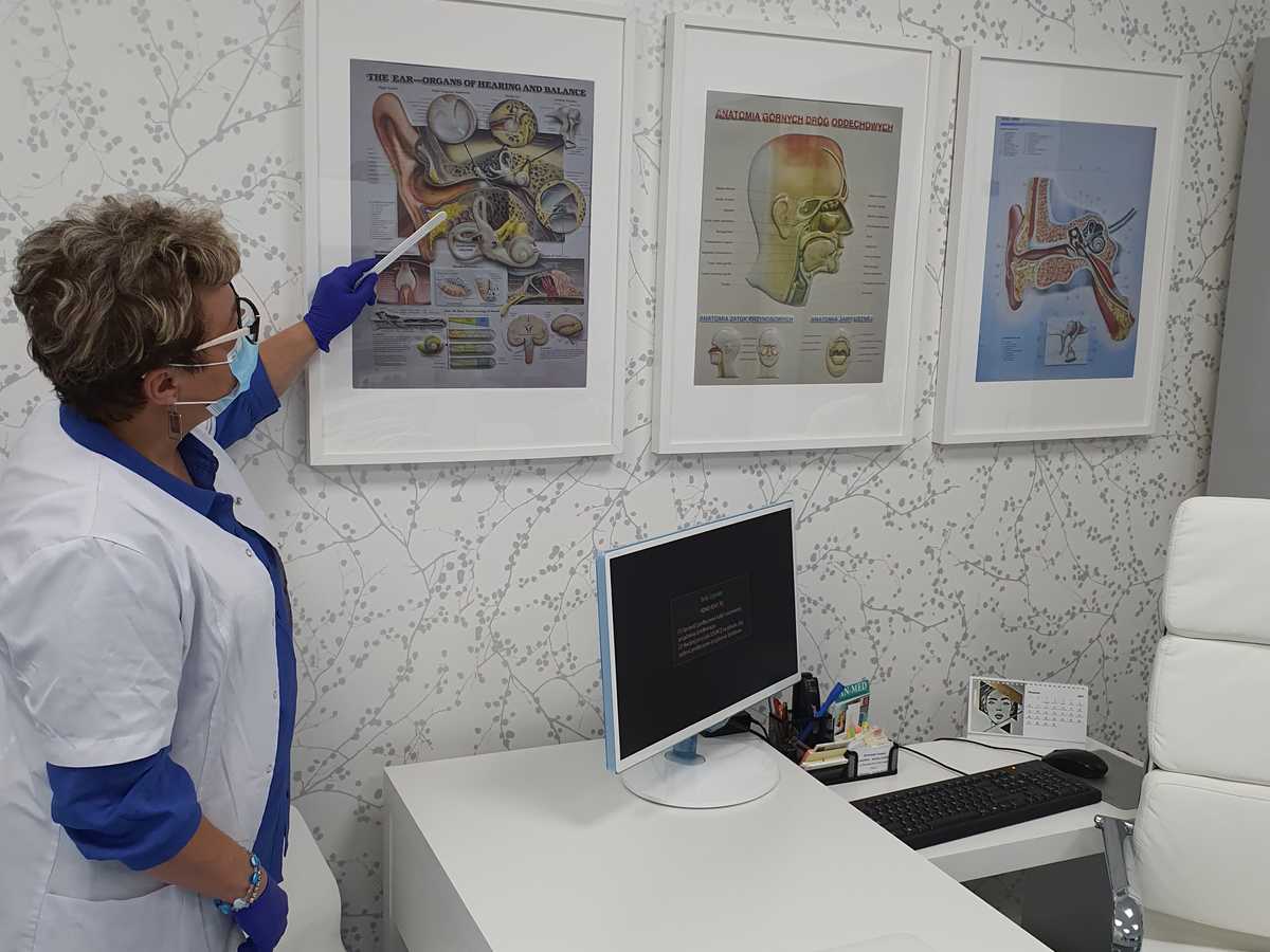 Doktor pokazująca wskaźnikiem budowę ucha wewnętrznego
